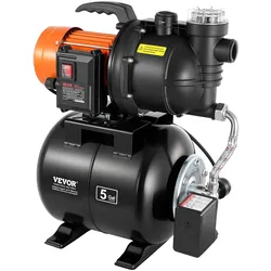 VEVOR Hauswasserwerk 735 W, 3785 L/h Jetpumpe mit 19 L Druckbehälter, 39 m Förderhöhe, inkl. Filter, Rückschlagventil & Kunststoffpumpenkopf, zur Automatischen Gartenbewässerung & Hauswasserversorgung