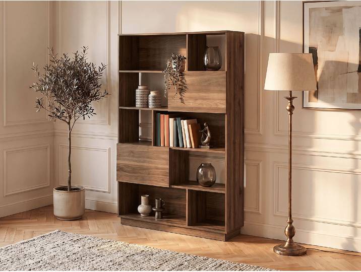 Bücherregal mit 2 Türen & 8 Fächern - Holzfarben dunkel - CEVANIA