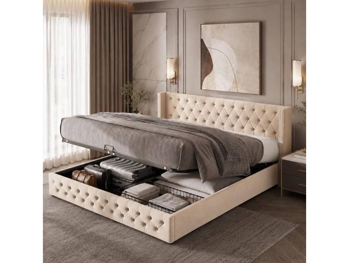 Cadre de lit coffre 160 x 200 cm - Cadre de lit - coffre hydraulique - avec tete de lit - sommier a lattes inclus - Beige velours