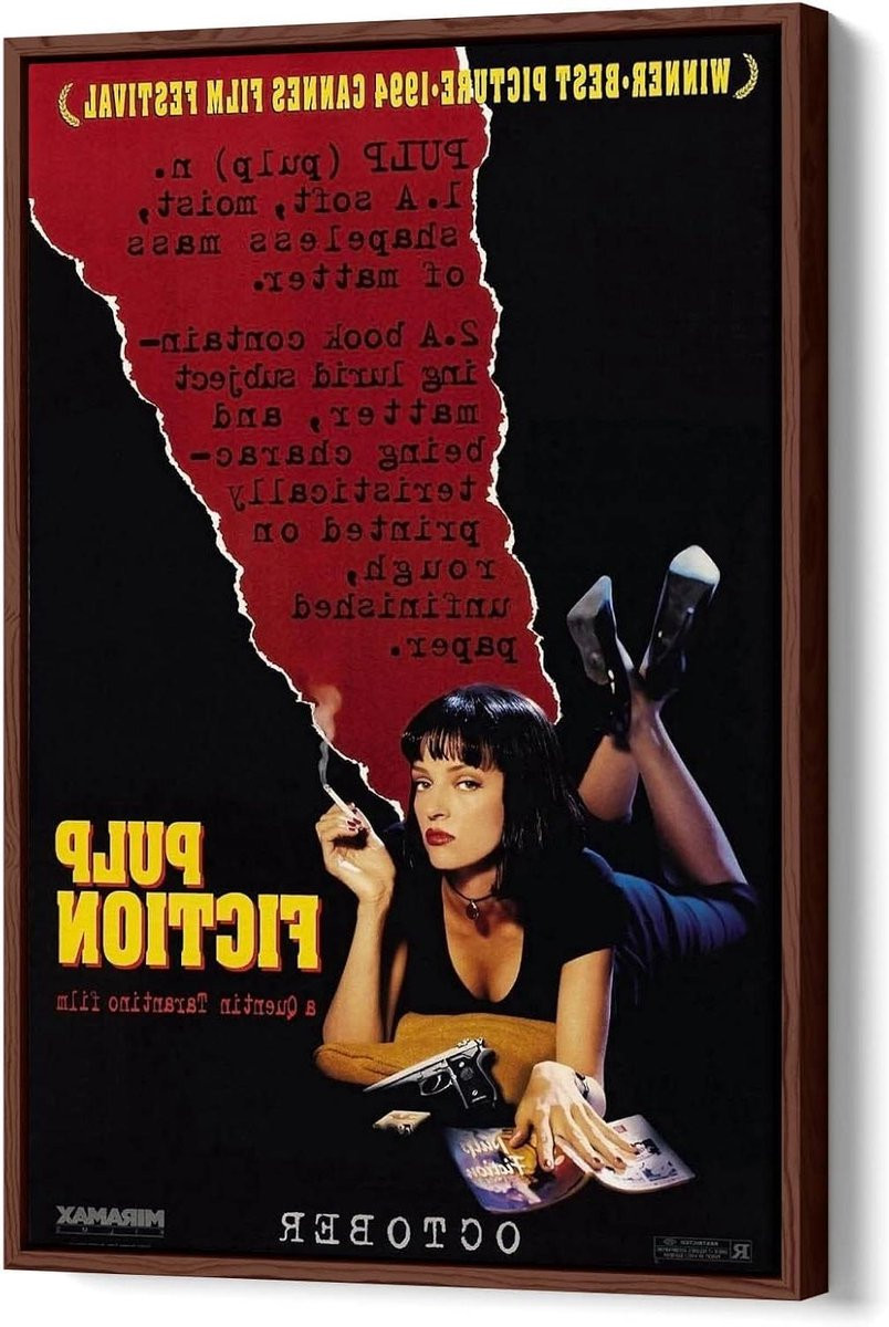 Canvas Film Poster Pulp Fiction Wanddecoratie met Float Effect - 20 x 30 cm - Walnoot