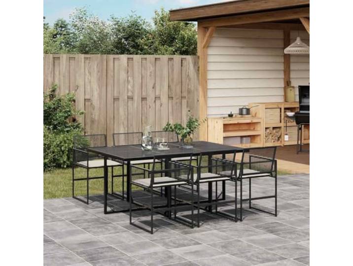 KTHLBRH Gartenmöbel-Set aus Polyrattan, 7-teilig, Schwarz Mit Kissen, Glastisch, Klappstühle, 110 kg pro Sitzfläche