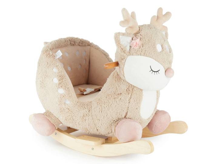 P & B Schaukeltier Reh Ella, Beige, Holz, Metall, Pinie, 60x52x26.5 cm, Fußstützen, Haltegriffe, gepolsterte Sitzfläche, Gurtsystem, Spielzeug, Schaukeltiere