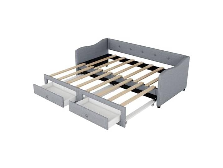 SOFTWEARY Schlafsofa mit Bettfunktion, Lattenrost und Schubladen, 90x200cm/180x200cm, Einzelbett, Polsterbett, Leinen (grau)