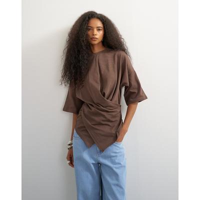 3/4-Arm-Shirt TOPSHOP "TSBETJA S/S WRAP T-SHIRT JRS", Damen, Gr. S (36/38), braun (chocolate braun), Jersey, Obermaterial: 97% Baumwolle, 3% Elasthan, unifarben, normal, Rundhals, gerader Abschluss, Shirts 3/4-Arm-Shirt, Baumwollmischung, in...