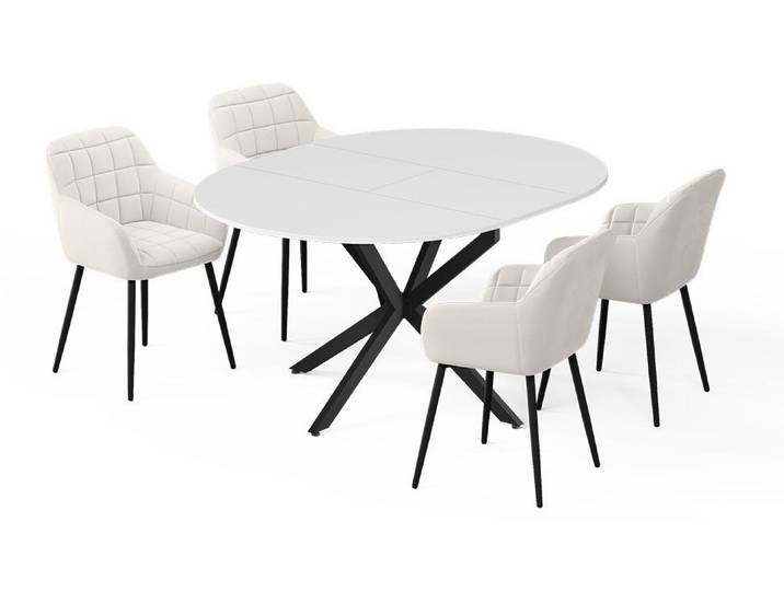 Esstisch-Set Vicco Loyd Weiß/Schwarz 120 x 120 cm mit 4 Esszimmerstühlen (Beige), Model 62786
