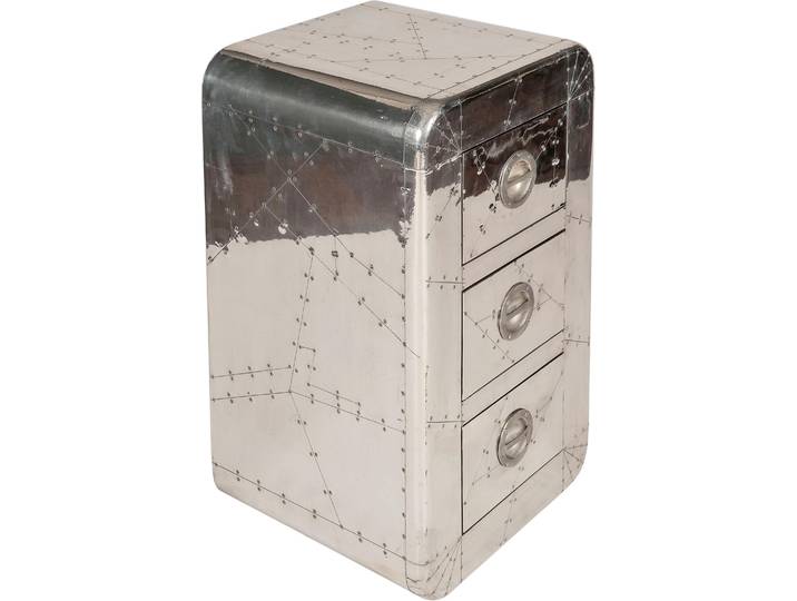 Kommode SIT Leh aus Mangoholz mit 3 Schubladen in futuristischer Flugzeugoptik , silber, B:45cm H:80cm T:40cm, Aluminium, Holzwerkstoff, MDF, Sideboards, Kommode, Aluminium-Look mit Zierschrauben im markanten Industrial-Design