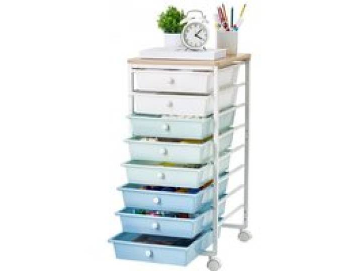 VEVOR Rollwagen mit 8 Schubladen Rollcontainer 400x330x715mm Grün Blau Weiß, Metallgestell, Holztischplatte, Handgriffe, Lenkrolle mit 2 Bremsen, Mobiler Schubladenwagen für Büro Werkstatt Klassenzimmer