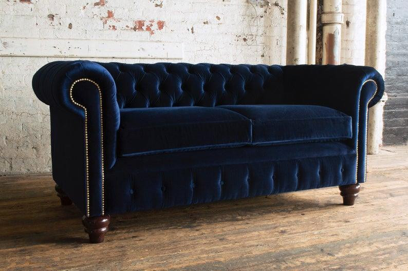 Luxus Chesterfield Lederen 3-Zits Bank Blau