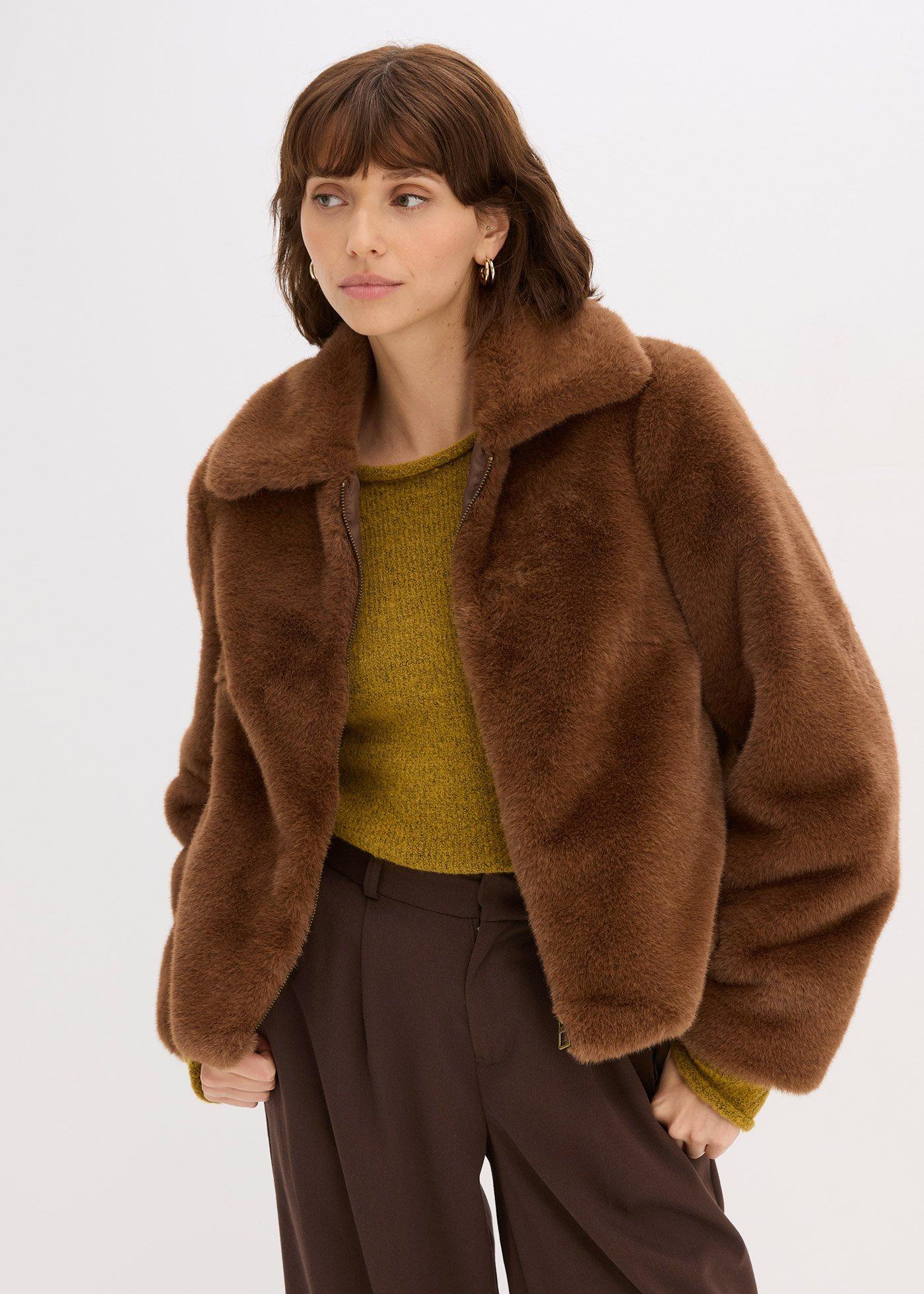 bonprix Fellimitat-Jacke, braun, Gr.46, modische kurze Fellimitat-Jacke mit Reißverschluss vorne