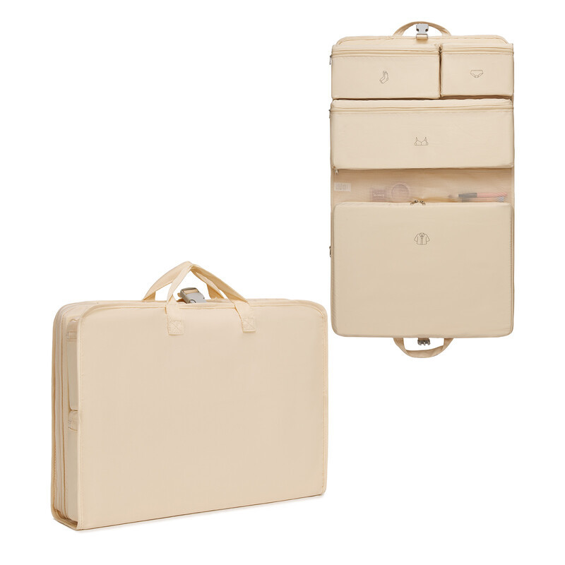 Kono 6-in-1 hangende reisorganizer, opvouwbare set inpakblokjes met trolleyhoes voor koffers, beige