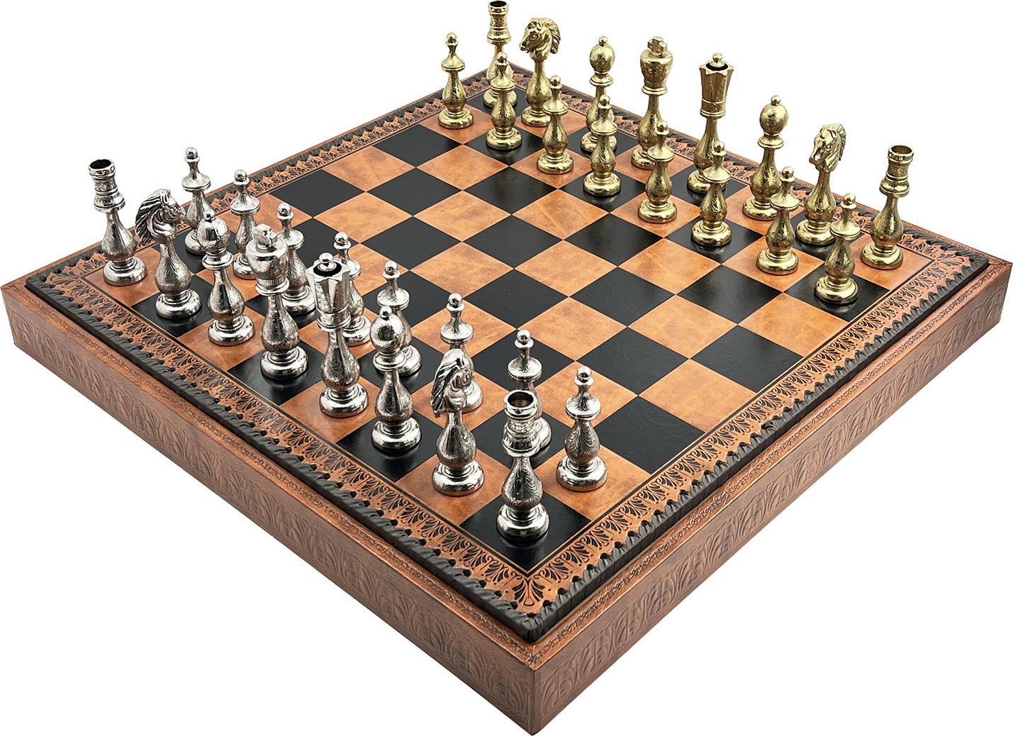 Italienisches Schachset Arabeskenfiguren+Schachbrett Kunstleder Braun/ Schwarz 48
