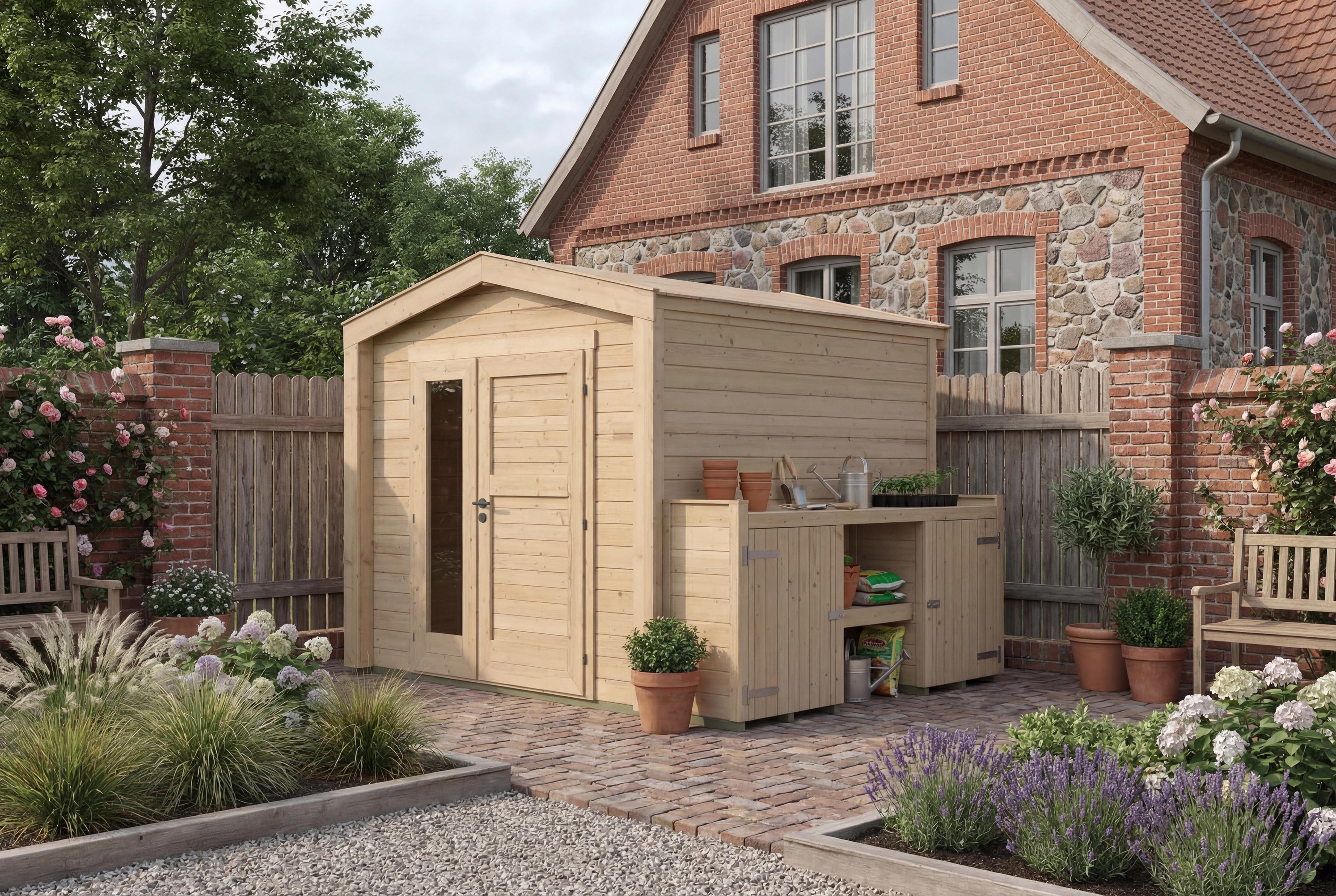 Gartenhaus Killarney, 250x250cm, Naturbelassen, 28mm, Pflanztisch