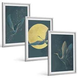 BILDER SET 3er Set - 40x60 cm Silberner Rahmen - Kraniche im Flug bei Nacht
