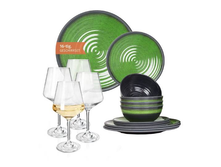 Moritz Geschirr-Set Camping Geschirr Stone Green + Milano Weißweingläsern