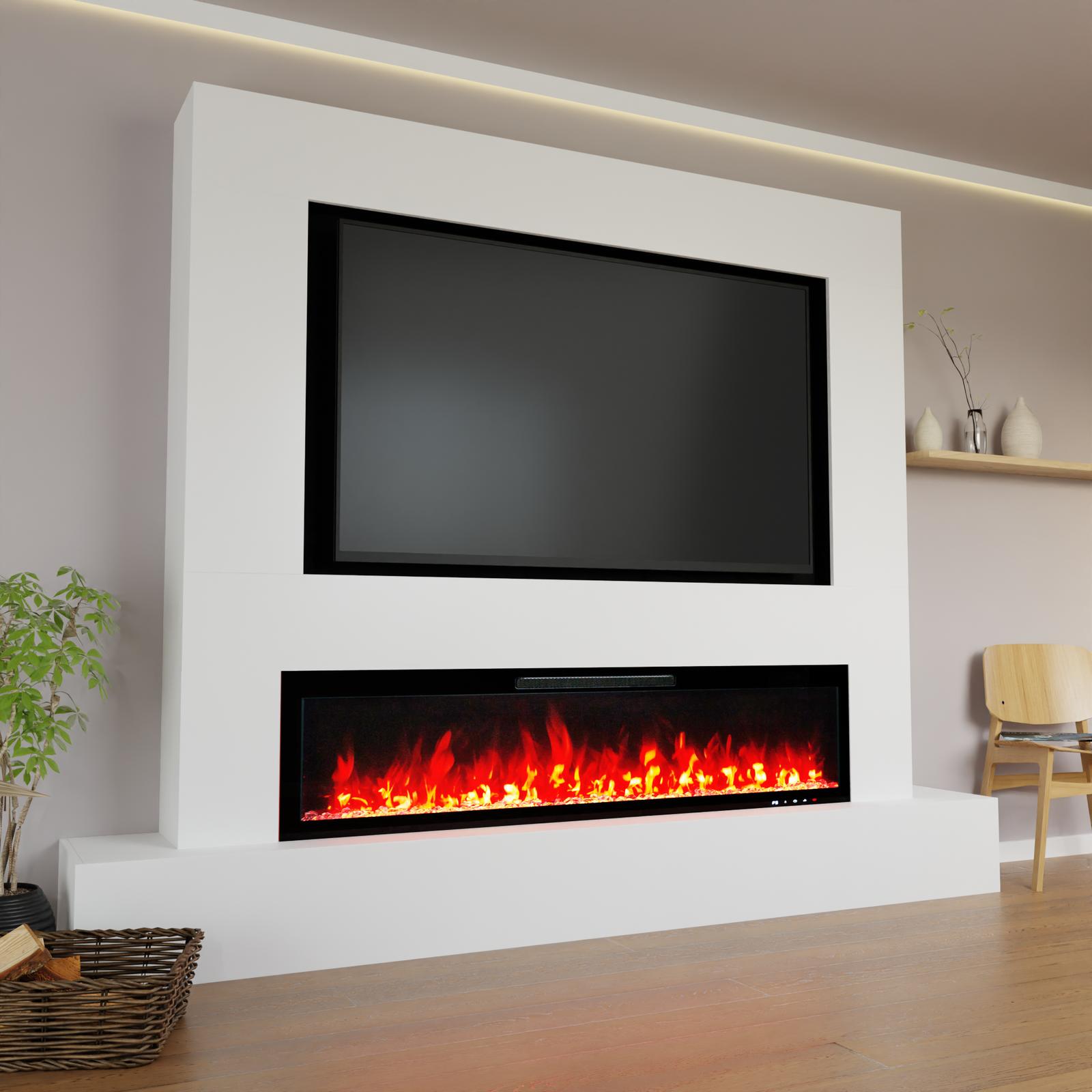 Glow Fire Fernsehwand mit Kamin 'Inside 182'| Cinewall mit Elektrokamin in weiss mit Heizung (1500 W) | HxBxT: 225x282,6x41,8 cm