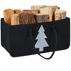 Relaxdays Schwarze Kaminholztasche Filz mit Motiv Weiß,Schwarz