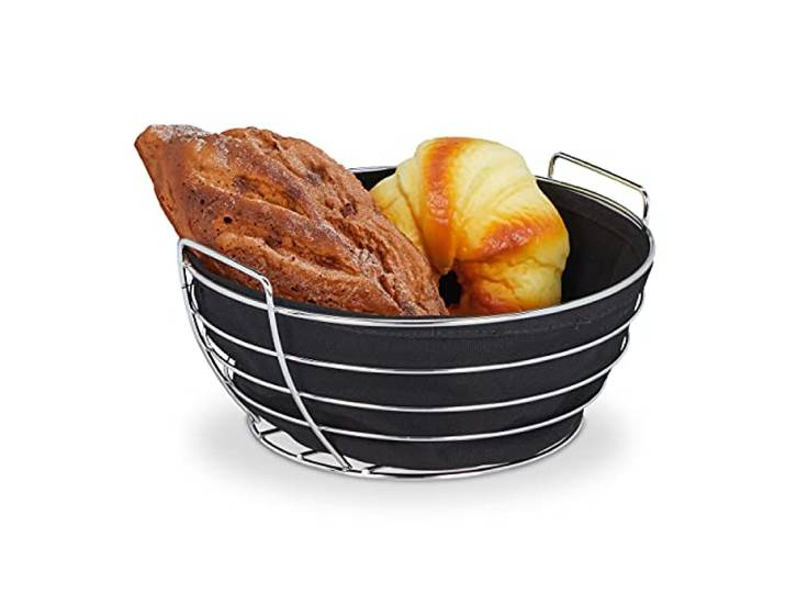 Relaxdays broodmand metaal met uitneembare stoffen inzet, rond, mandje voor brood & broodjes, Ø 23 cm, zwart