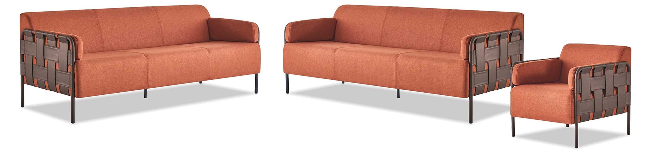 Ledersofas-Set Modern Komplett Sofas 3-Sitzer Sessel Orange Edelstahl