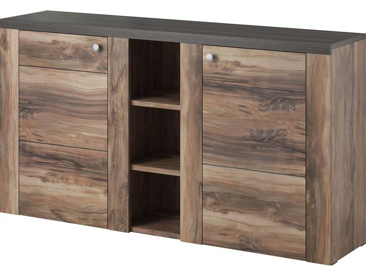 Commode à deux portes avec étagères LEONOR – satin nussbaum / touchwood