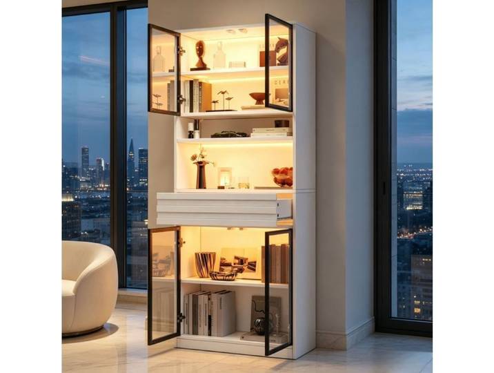 WUVRIE Vitrine haute 80 x 35 x 200 cm en MDF 4 portes vitrées 1 tiroir LED RGB App blanc