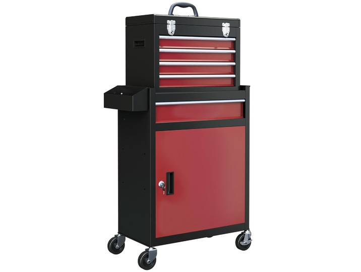 Homcom Werkstattwagen mit Rollen, mit 5 Schubladen, Max. Belastung 130kg, Schwarz+Rot, Metall, 28x102x60 cm, Freizeit & Co, Haus & Garten