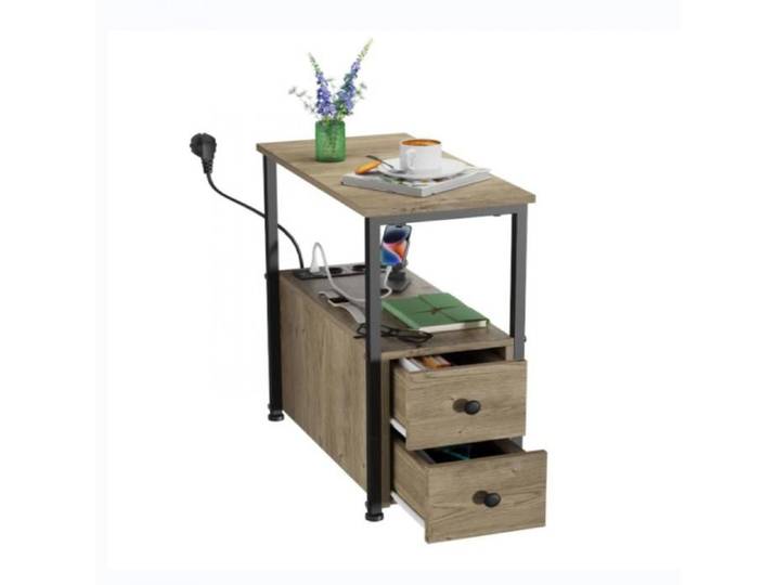 Table de chevet - 2 tiroirs - Table basse avec prise et port USB 60X30X61cm-XJING