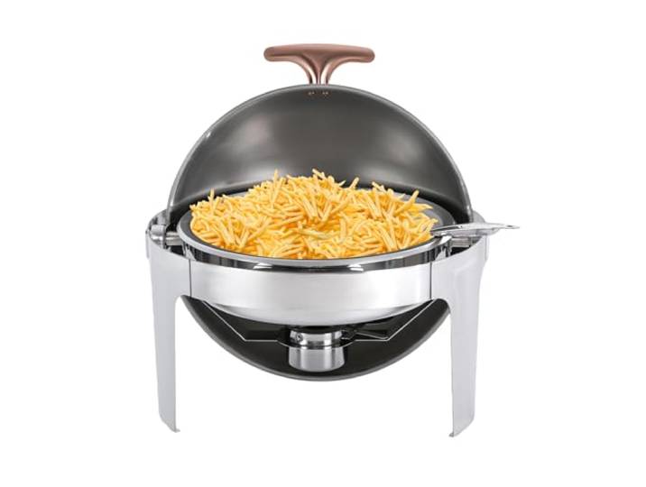 Chafing Dish 6L Speisenwärmer Edelstahl 180° Klappdeckel Roségoldene Griffe, Brennstoffhalter, 3 Standfüße, Lebensmittelechter Edelstahl