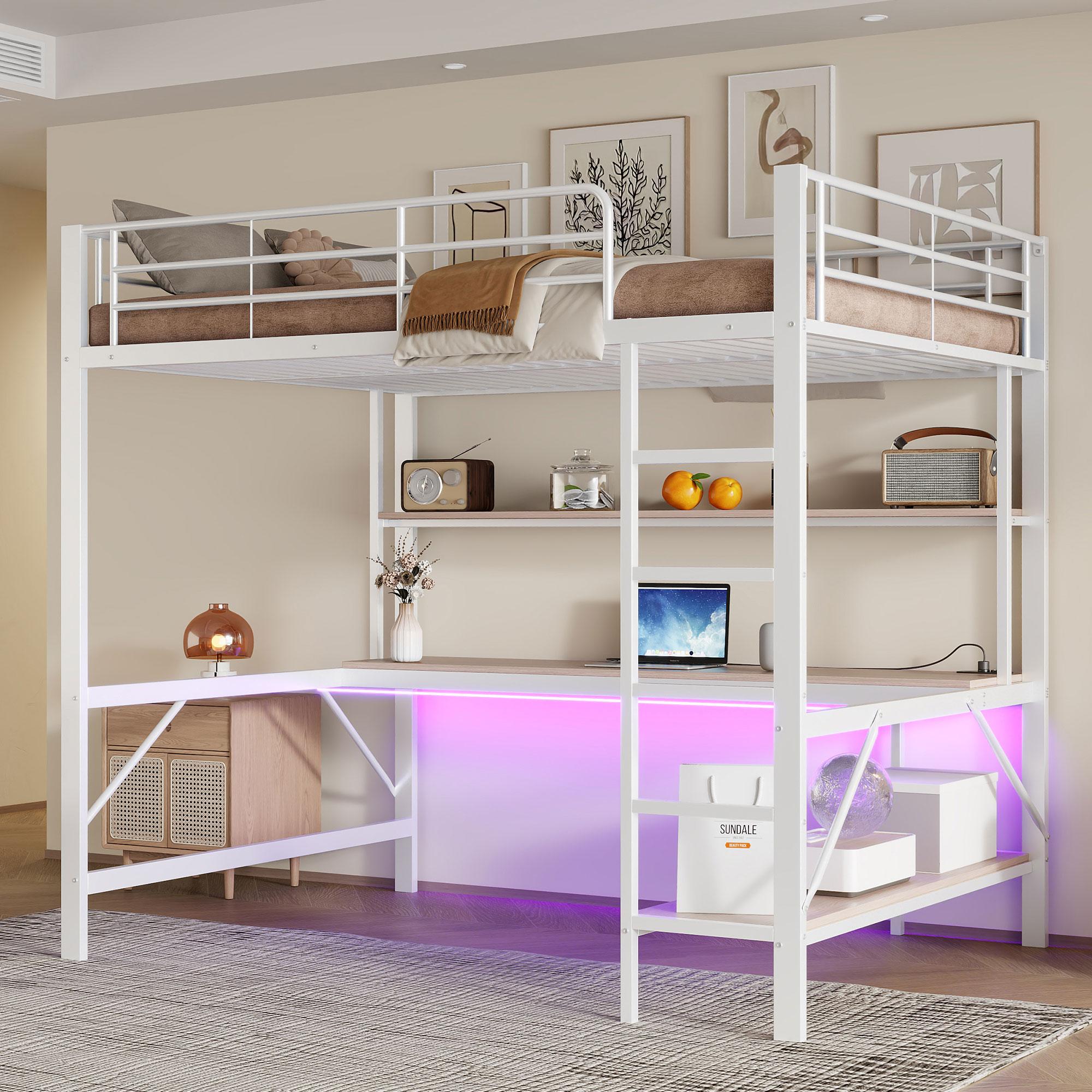 Hochbett 140x200 cm mit Schreibtisch, Regal, 7-farbiger LED-Beleuchtung, USB & Steckdose, Geländer und Leiter, Metall/MDF, Weiß