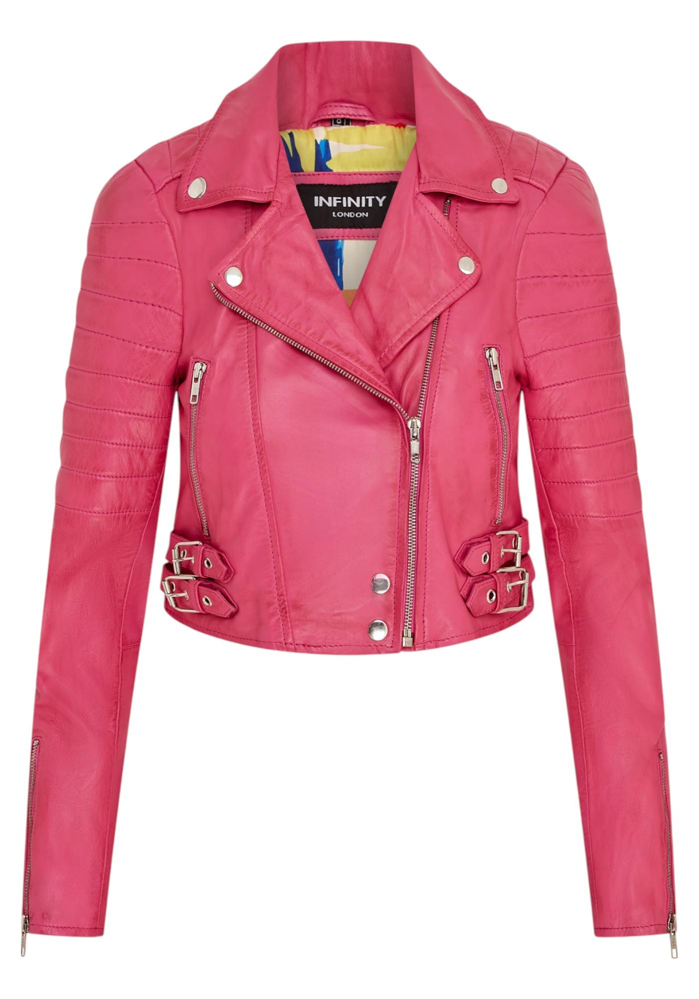 Damen Fuchsia Pink Kurze Brando Leder Bikerjacke-Damaskus