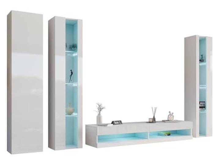 Mirjan24 Wohnwand Vigo New VI Anbauwand, Design Mediawand, Modernes Wohnzimmer Set, Hängeschrank TV Lowboard, Vitrine (mit Blauer LED Beleuchtung, Weiß/Weiß Hochglanz)