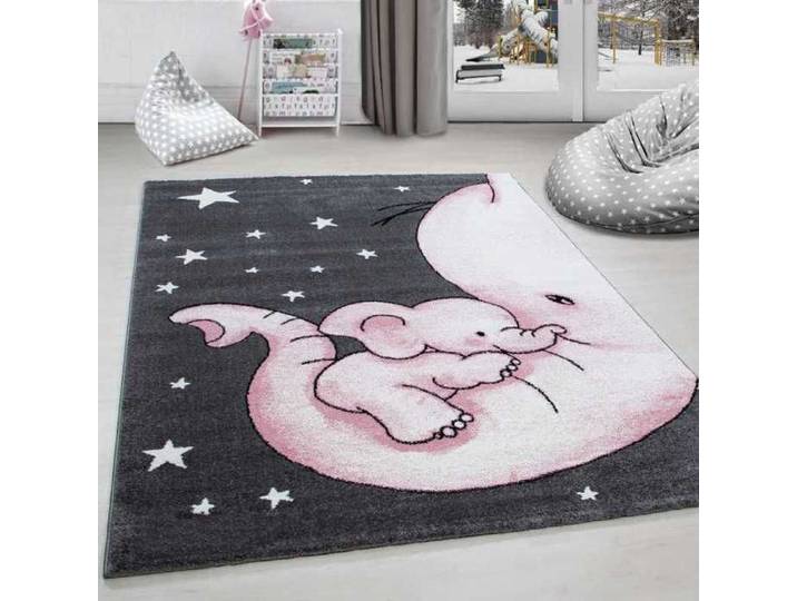 TapisTrend Tapis Enfant Rose 160 x 230 cm chambre d' éléphant et etoiles