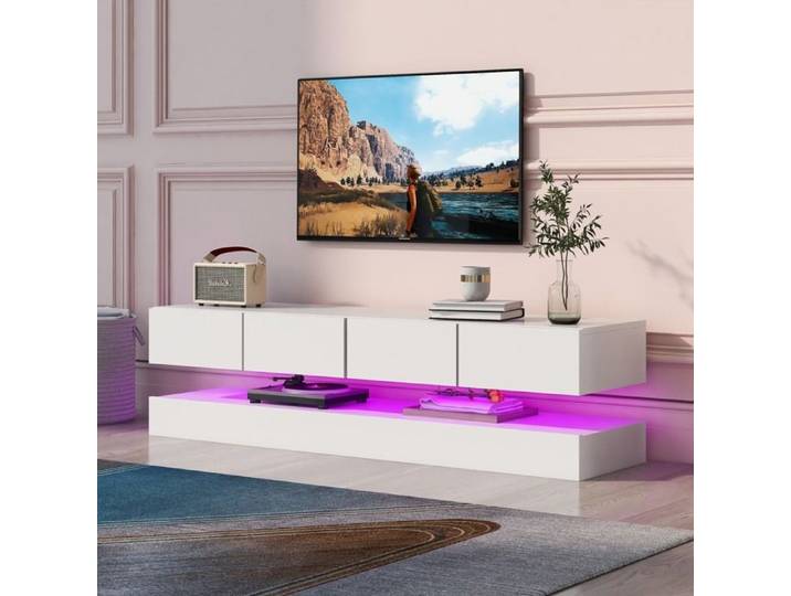 Meuble TV LED meuble TV mural support TV avec 2 armoires et 4 tiroirs éclairage LED pour téléviseur 55 pouces blanc 130cm longer