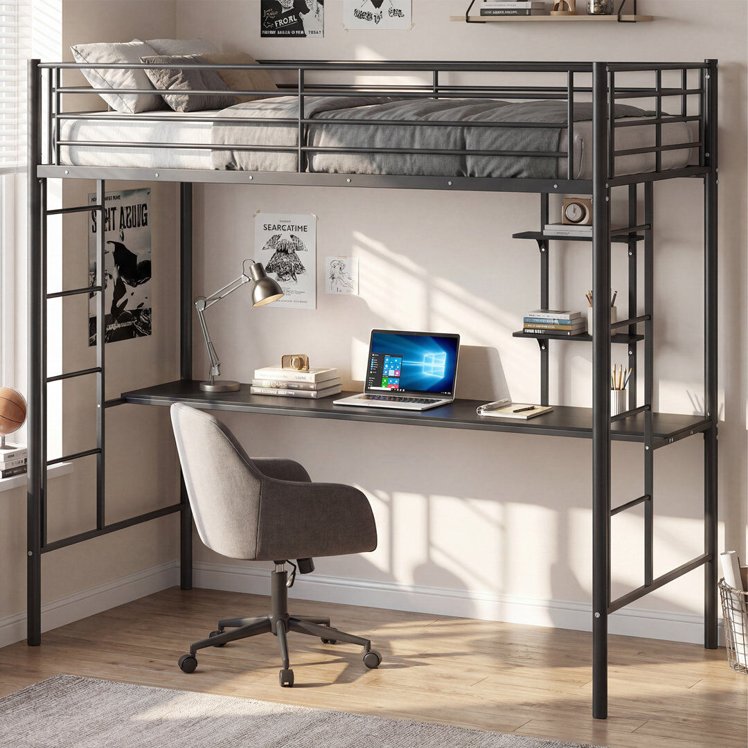 Rio Single Size Loft Bed with Desk & Shelves Black