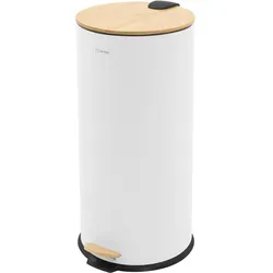 MÜLLEIMER 30L mit Fußpedal und Bambusdeckel Rund Weiß aus Stahl