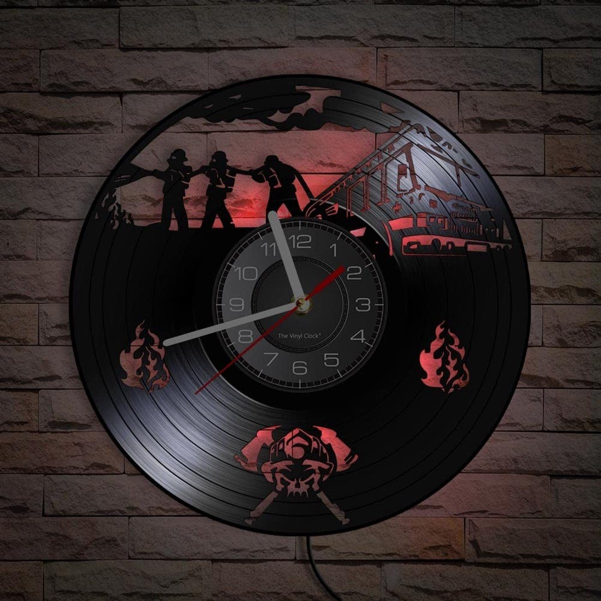 Omgoods Vinyl Wandklok met Nachtlamp voor Brandweerliefhebbers