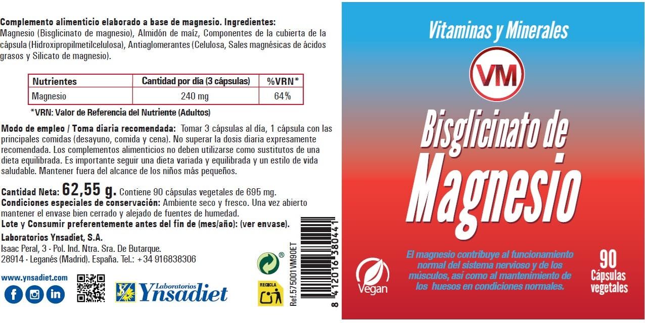 Vitaminas y Minerales Bisglicinato de Magnesio 90vcaps