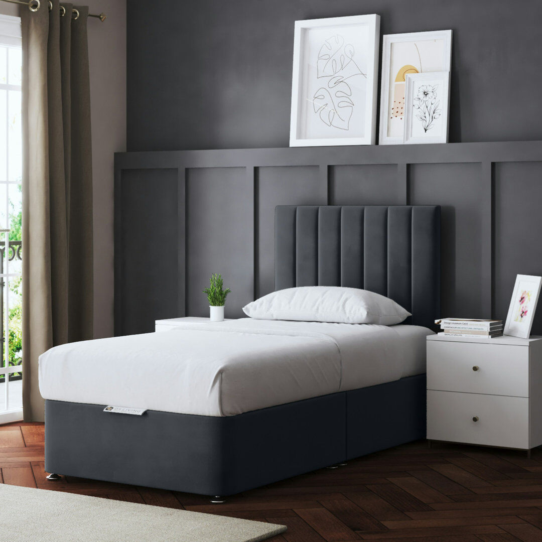 DS Living Upholstered Panel Divan Bed with Headboard Steel Single (3')