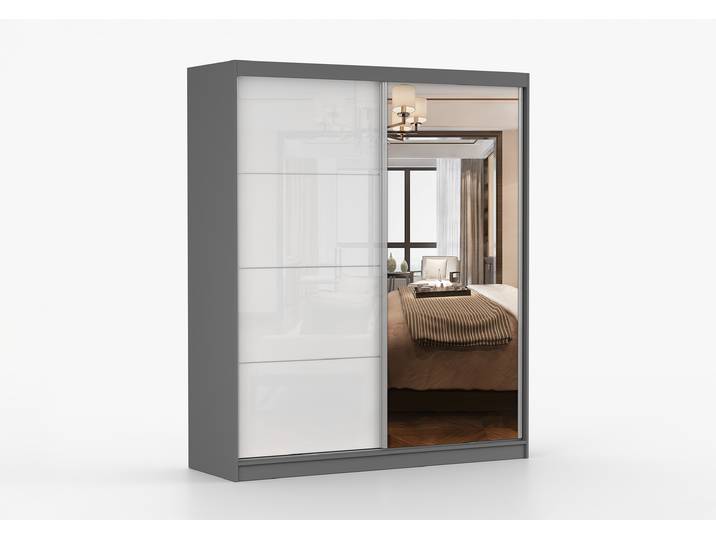 Schwebetürenschrank MULTI 35 183 cm Grau Weiß Semigloss + Spiegel