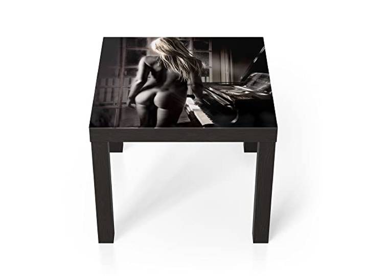 DEQORI Glastisch schwarz klein 55x55 cm Motiv Nackte Frau am Piano ausgefallener Beistelltisch aus Glas Hochglanz Couchtisch fürs Wohnzimmer moderner Couch Tisch mit Design