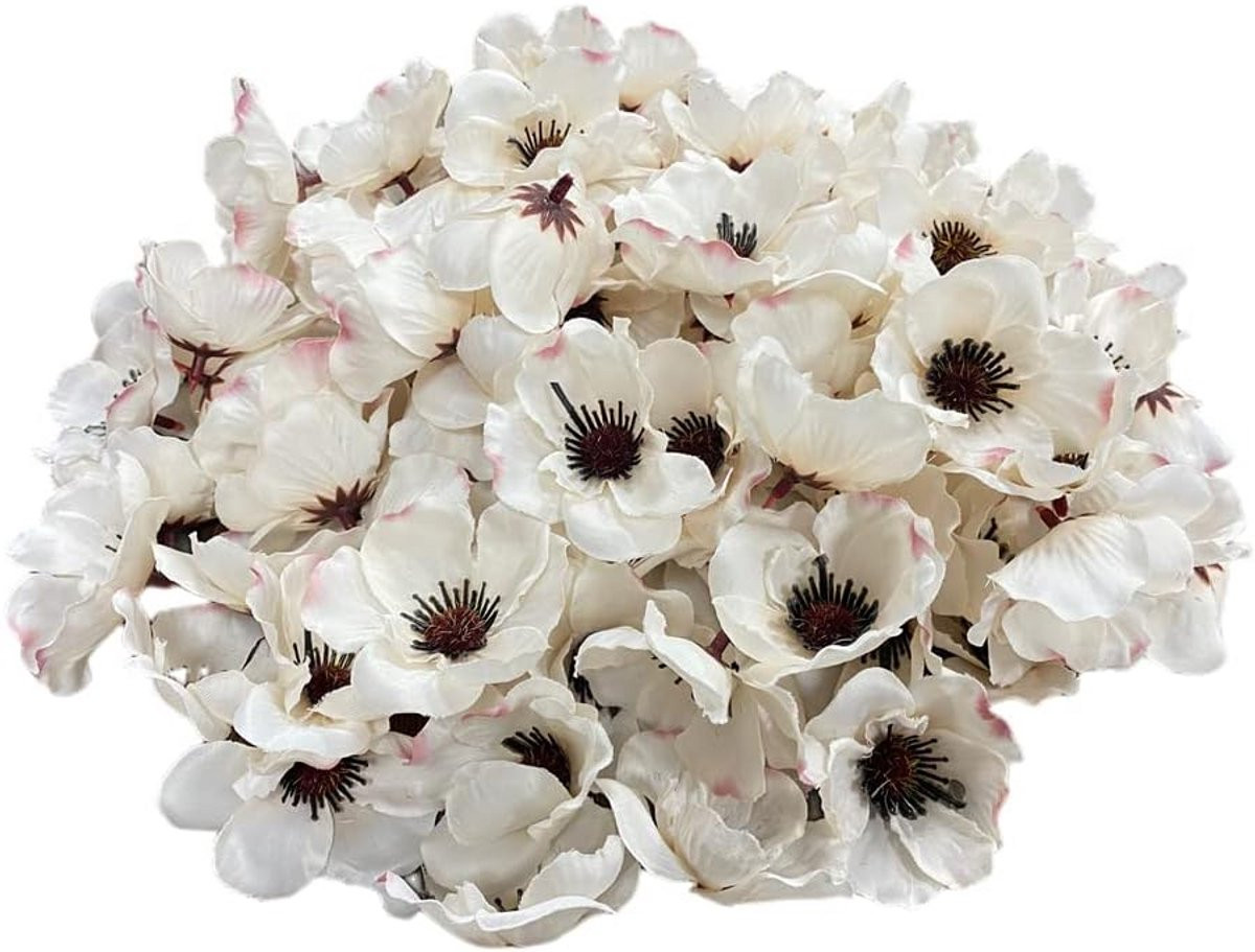 100x Kunstzijde Anemoon Papaver Bloemhoofden Wit voor Decoratie