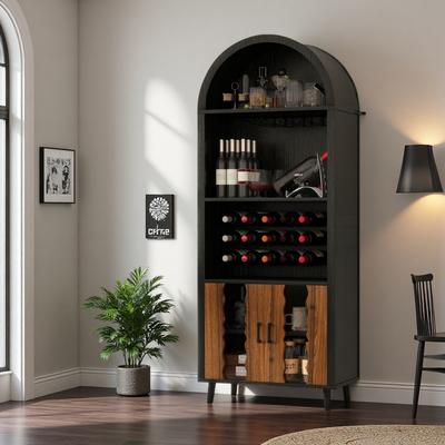 ZWYO HOSIMU "70.87""H Farmhouse Arched Wine Bar Cabinet, Tall Arched Display Cabinet with Wine Rack, Whiskey Station, Glass Holder, Coffee Bar"