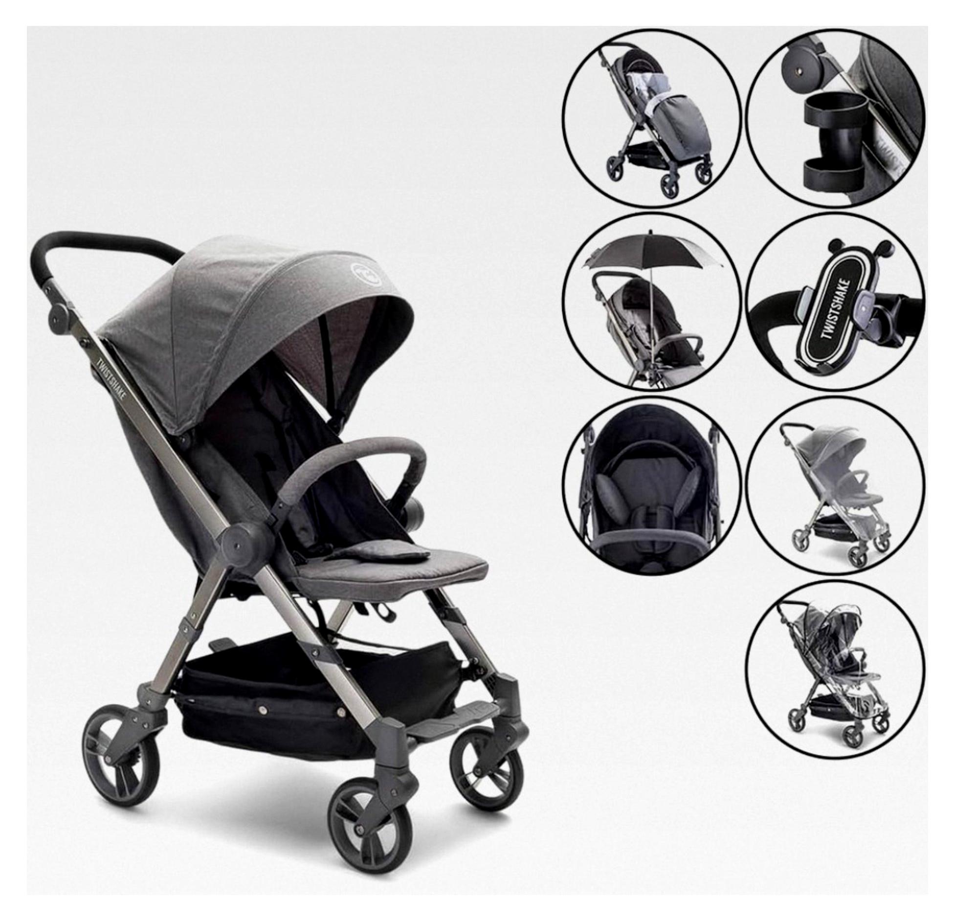 7-in-1 Faltbarer Kinderwagen | Getränkehalter + Handyhalterung + Moskitonetz + Regenschutz + Regenschirmhalter + Kopfstütze + Decke | faltbar - Leichter Kinderwagen | Grau