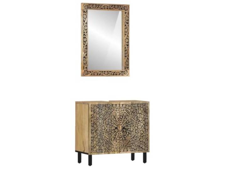 HWKQEQRF 2-TLG. Badmöbel-Set Massivholz Mango mit Spiegel und Schrank Massives Mangoholz, Wandhalterung inklusive, Spiegelfläche aus Glas, Stauraum, wandmontierter Badspiegel