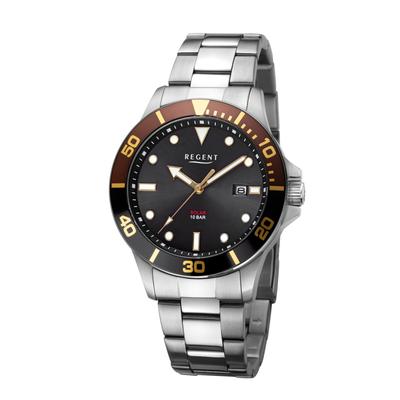 Solaruhr REGENT, silberfarben, schwarz, Armbanduhren, Herren, Armbanduhr, Herrenuhr, Edelstahlarmband, analog, Tag