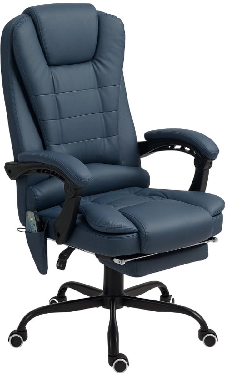 Merax Massage Bureaustoel met 7 Trillingspunten, Blauwe Luxe Ergonomische Lederlook Executive Chair met Verstelbare Rugleuning en Voetsteun