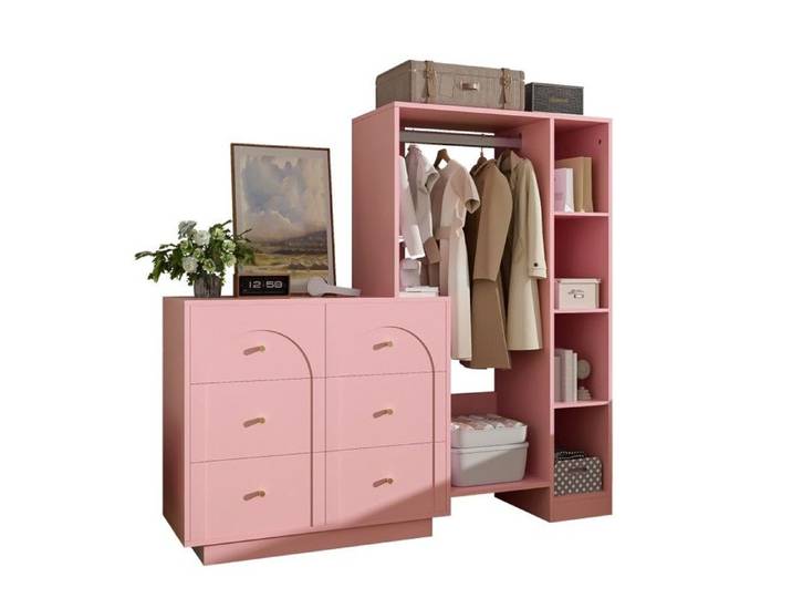 Armoire De Chambre Rose 139x35x133cm Multifonctionnelle Penderie Ouverte 6 Tiroirs Étagères Latérales Rangement Chambre