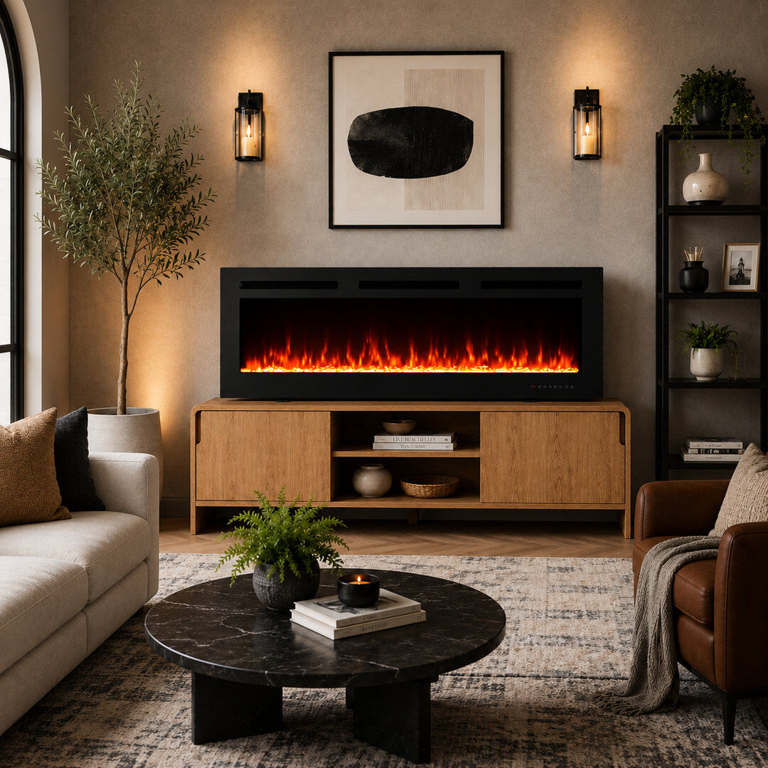 FLAMEKO Media Wall Electric Fire, Wall Mounted Fireplace, Winslow Black Satin Black 43.2cm H x 127cm W x 10.6cm D