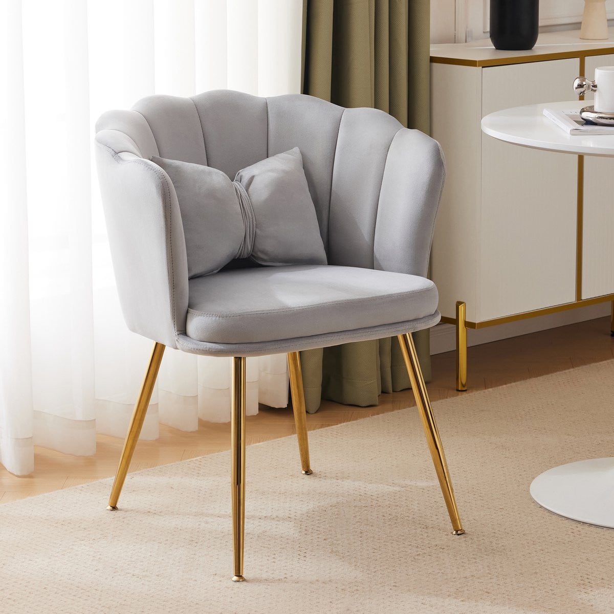 Welltin Fluwelen Fauteuil met Bloemblaadjes Rugleuning - Grijs