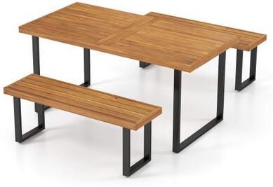 Costway 3 Pieces Patio Dining Table Set 63” Rectangle Table and 2 Backless Bench