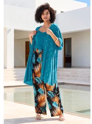 Plus Size Women's Crochet-Detailed Kimono by Roaman's in Deep Teal (Size S)